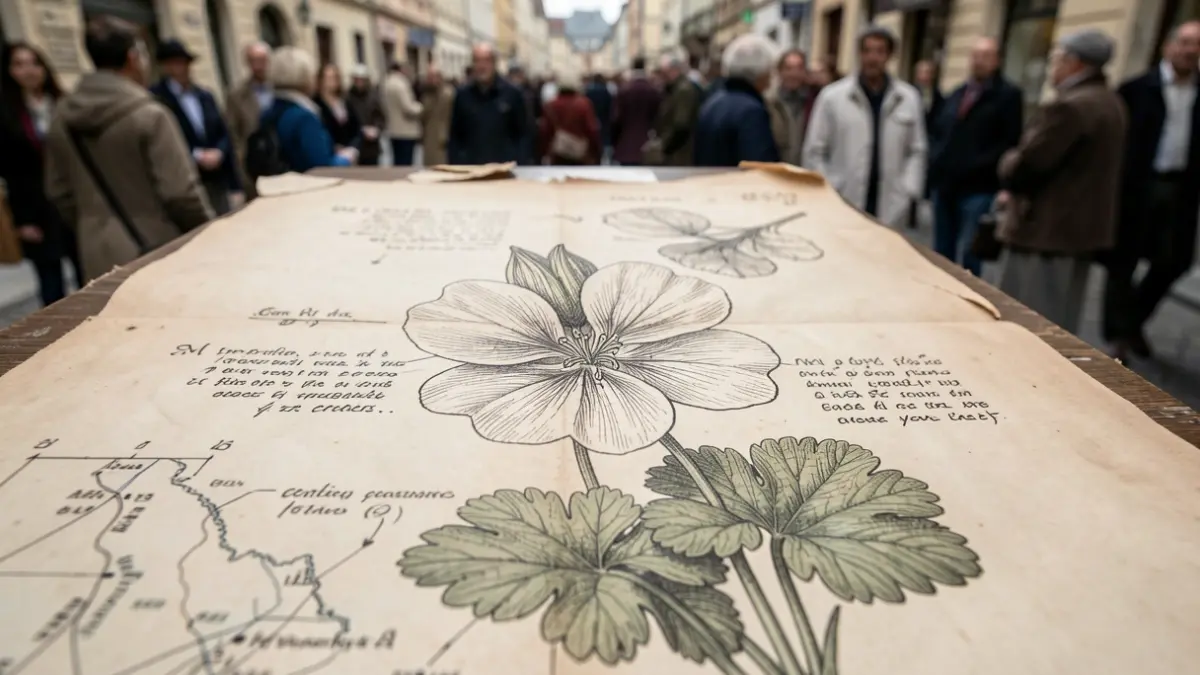 Detailed illustration of a Geranium flower with scientific notes and maps.