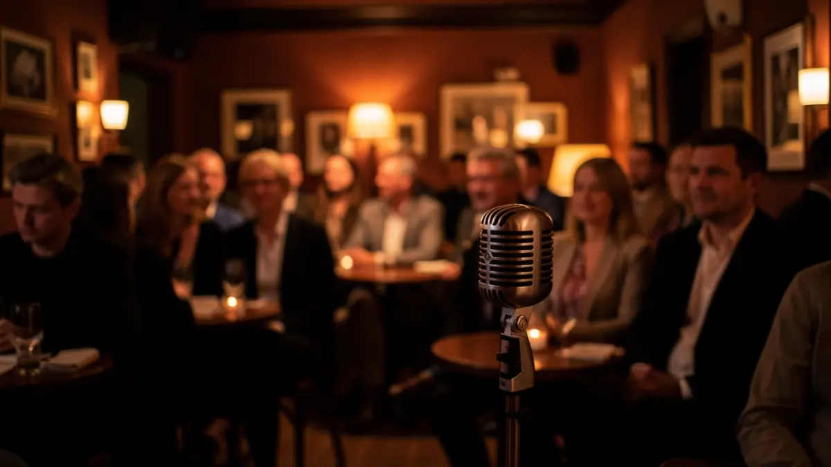 Imagen genérica de un micrófono de jazz en un club con público desenfocado.