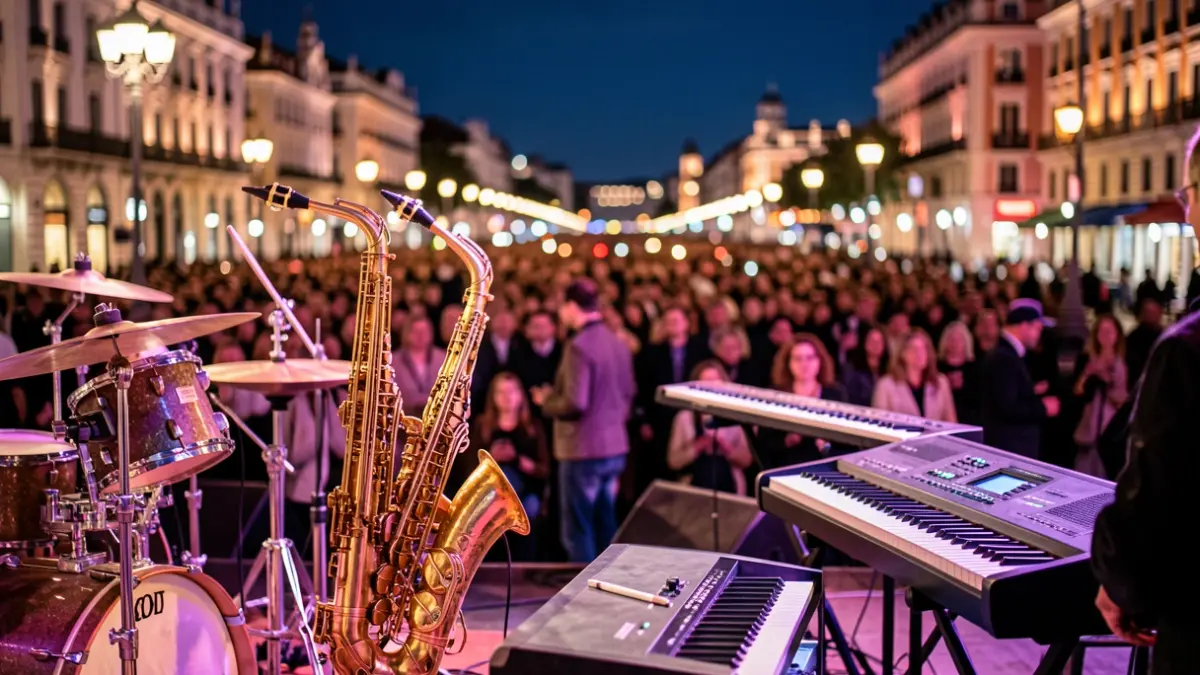 Imagen genérica de un festival de jazz en Madrid con instrumentos musicales y luces.