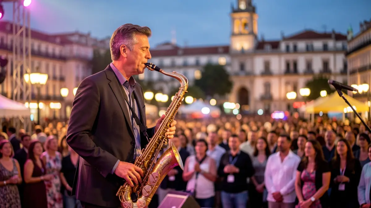 Imagen de un saxofonista tocando en un escenario de festival de jazz en Madrid, con luces de ciudad y arquitectura madrileña al fondo.
