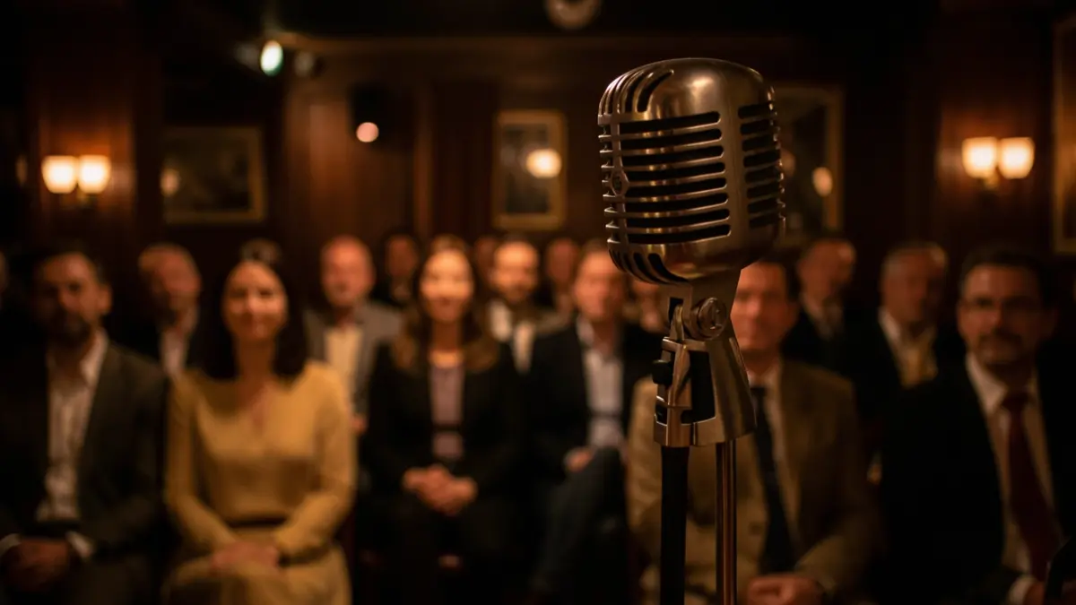 Imagen genérica de un micrófono de jazz en un club con público difuminado.