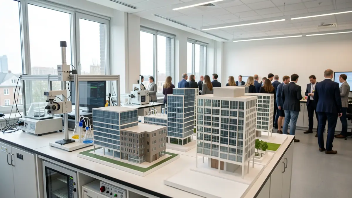 Imagen de un laboratorio de arquitectura con equipos de ensayo y maquetas de fachadas.
