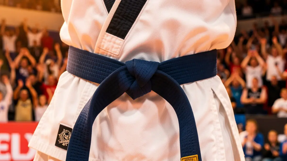 Imagen genérica de un cinturón de taekwondo atado, con un fondo borroso de una arena deportiva y espectadores animando.