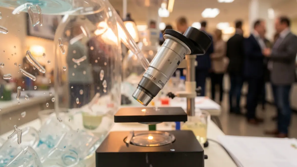 Imagen genérica de un microscopio enfocado en una muestra, con fragmentos de plástico y gotas de agua desenfocados al fondo.