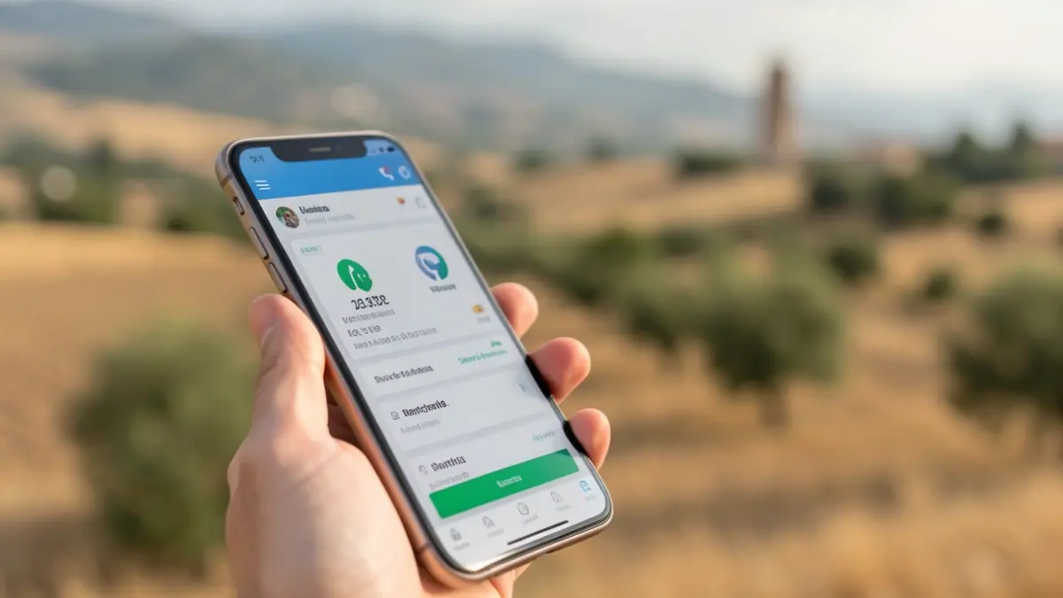 Imagen de una mano usando una aplicación bancaria en un móvil, con un paisaje rural de fondo.
