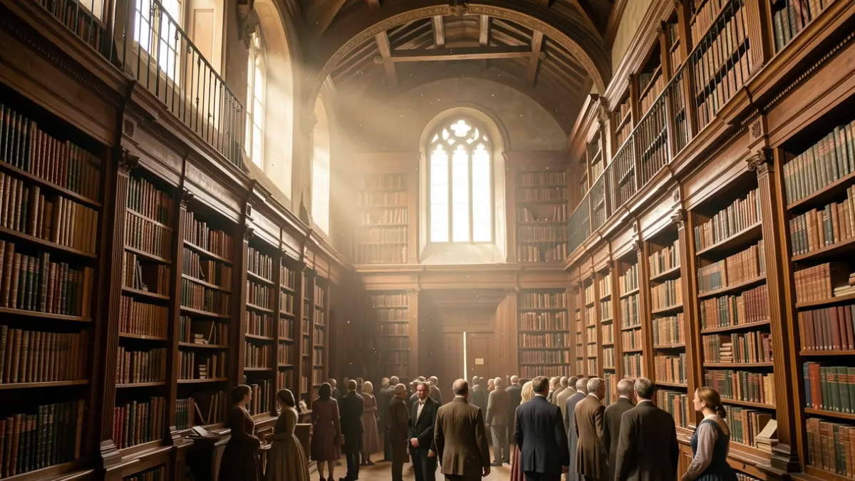 Generic image of an old library with tall bookshelves filled with books and warm light.