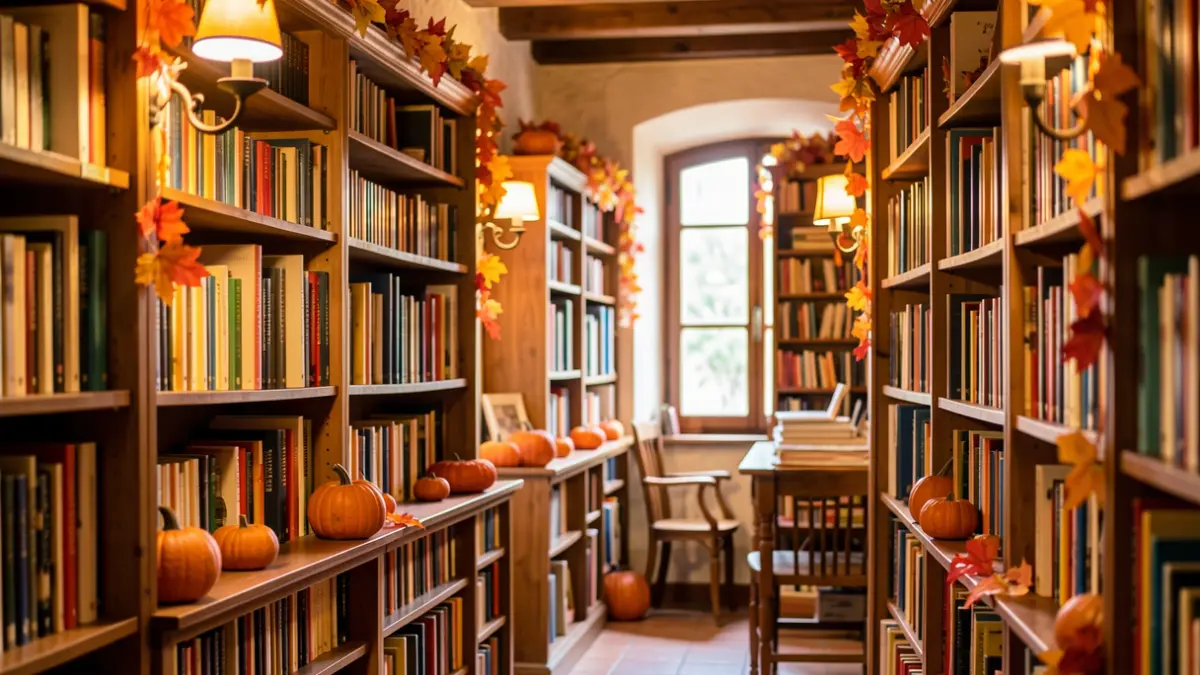 Imagen de interior de biblioteca con estanterías llenas de libros y decoración otoñal.