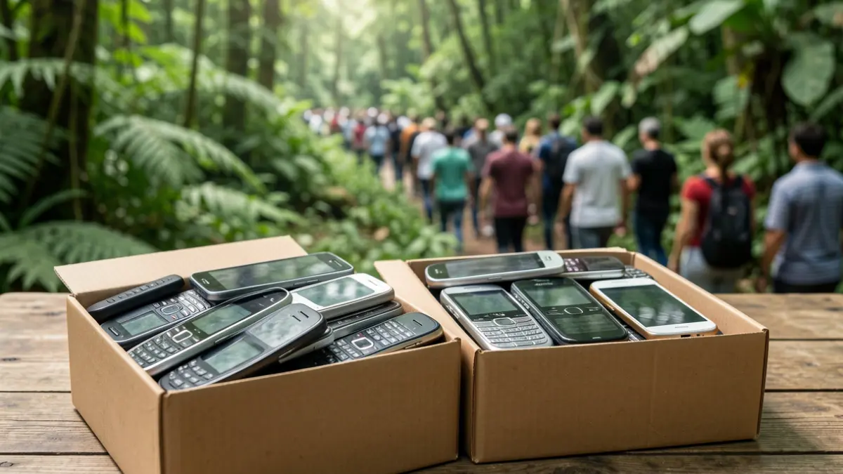 Imagen de dos cajas llenas de teléfonos móviles usados recogidos para reciclaje y conservación.