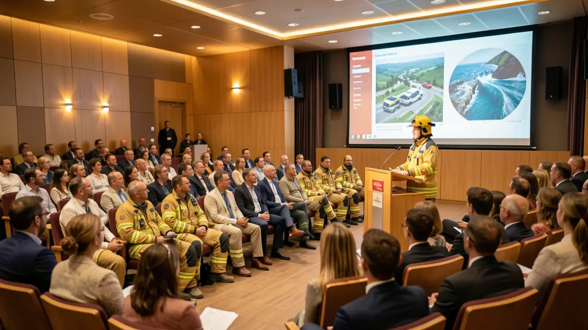 Generic image of a diverse group of scientists and firefighters in an auditorium, with natural disaster graphics on a screen.