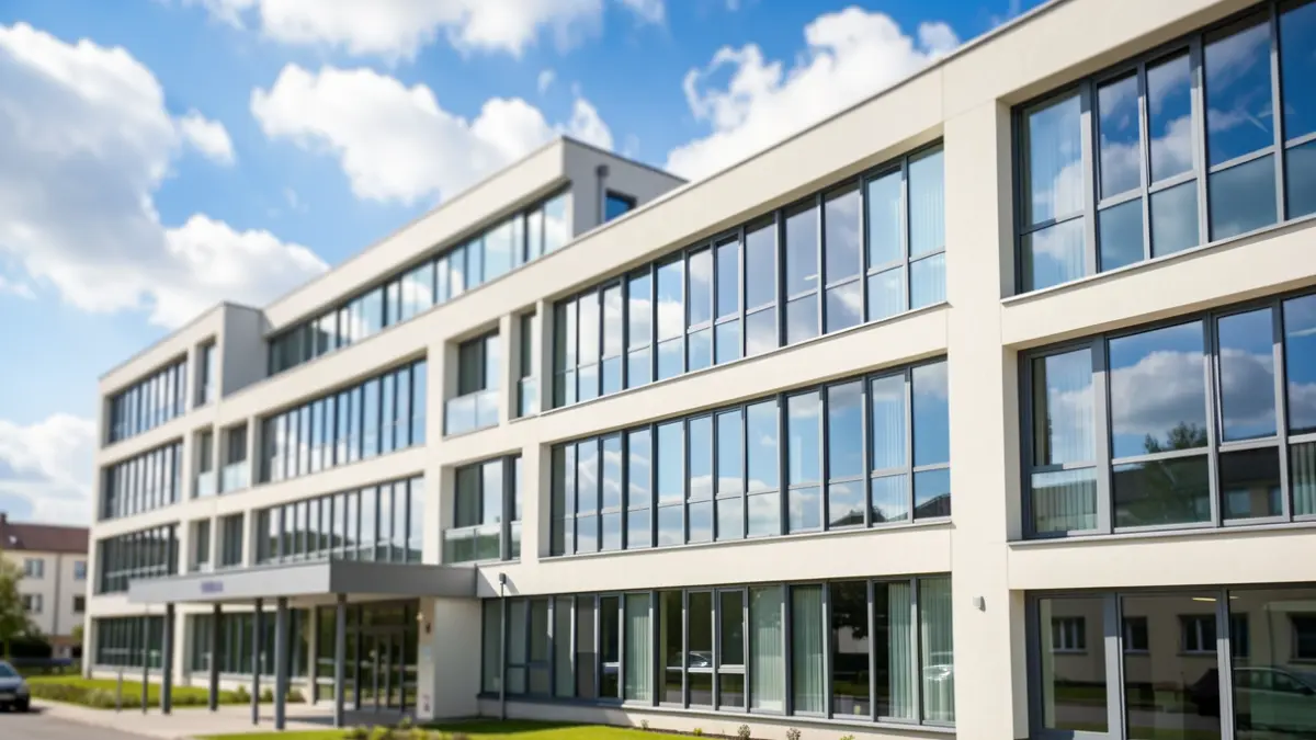 Generic image of a modern hospital facade with large windows under a blue sky.