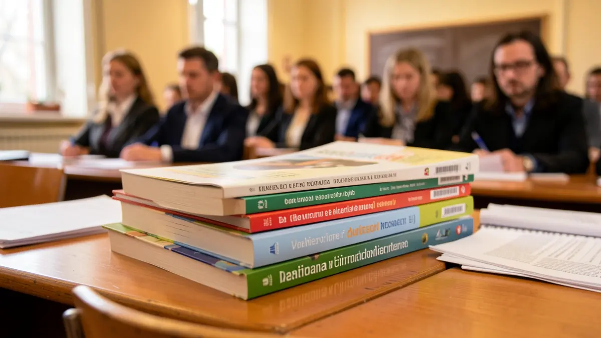 Imagen genérica de libros educativos y papeles sobre un escritorio de madera, con elementos de aula desenfocados al fondo.