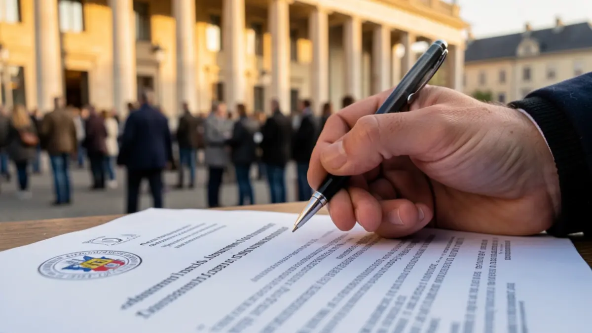Imagen genérica de una mano con un bolígrafo sobre un documento oficial con sellos, con un edificio gubernamental al fondo.