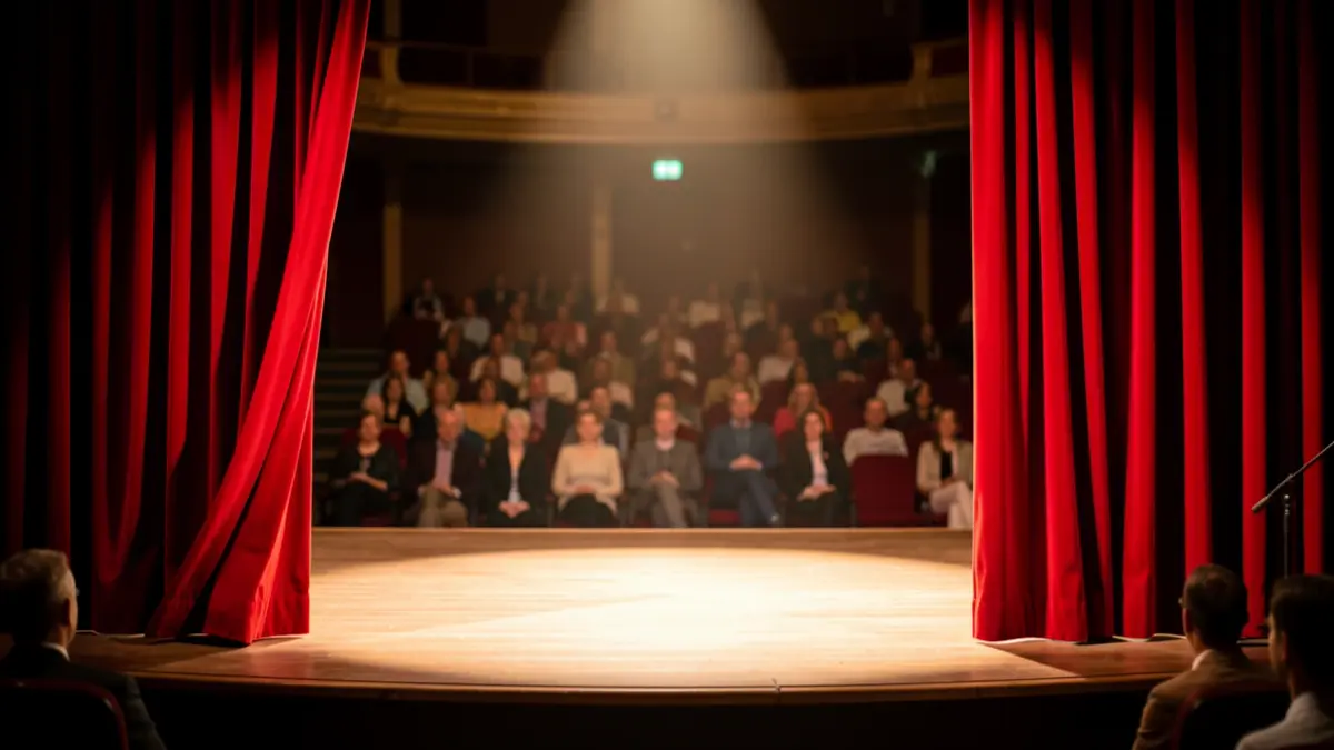 Imagen genérica de un escenario de teatro vacío con cortinas y luces.