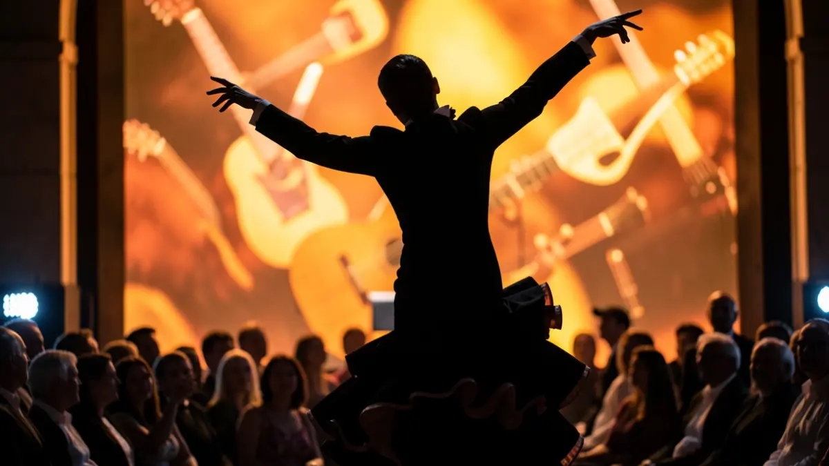 Imagen genérica de una bailaora de flamenco en movimiento, con un fondo abstracto que sugiere música y luces de escenario.