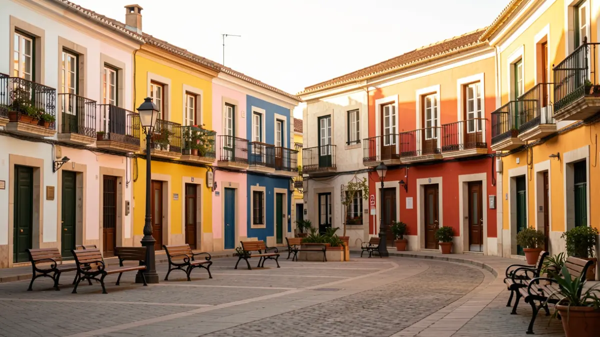 Square of a small municipality in the Community of Madrid with renovated facades and new urban furniture.