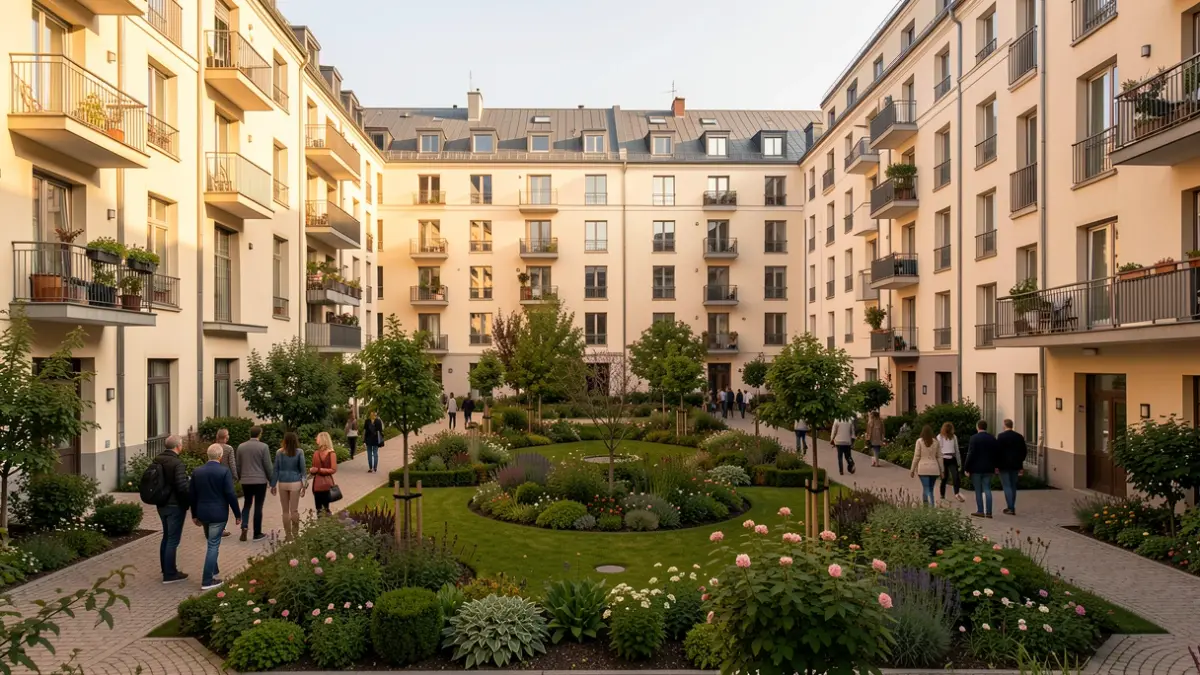 Generic image of a residential complex with a garden courtyard and independent apartments.