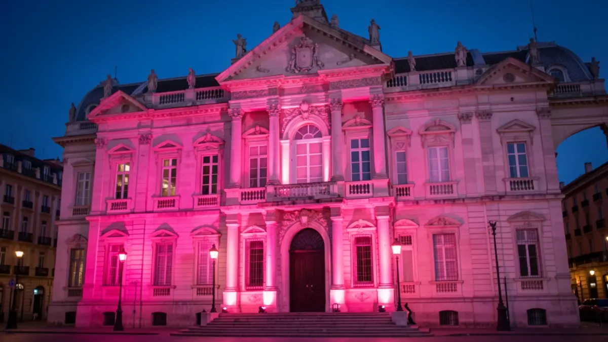 Generic image of the facade of an institutional building illuminated in pink.