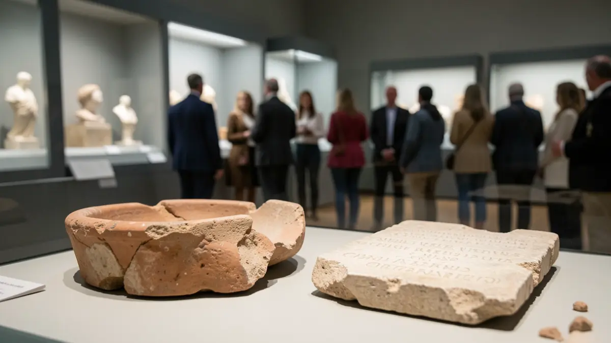 Archaeological artifacts from the 'Roman Carpetania' exhibition in a museum display case.