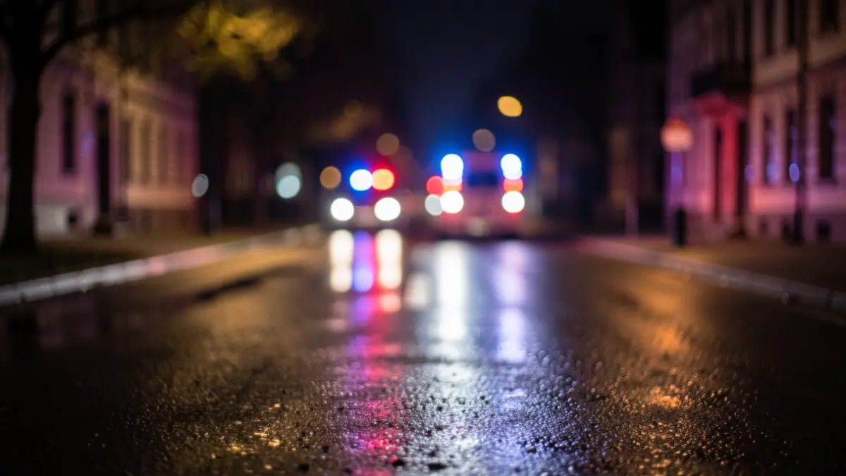 Generic image of blurred emergency lights reflecting on wet asphalt at night, with no vehicles visible.