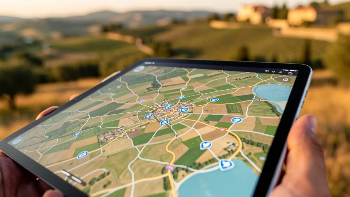 Imagen genérica de una tablet mostrando un mapa con iconos de conectividad sobre un paisaje rural.