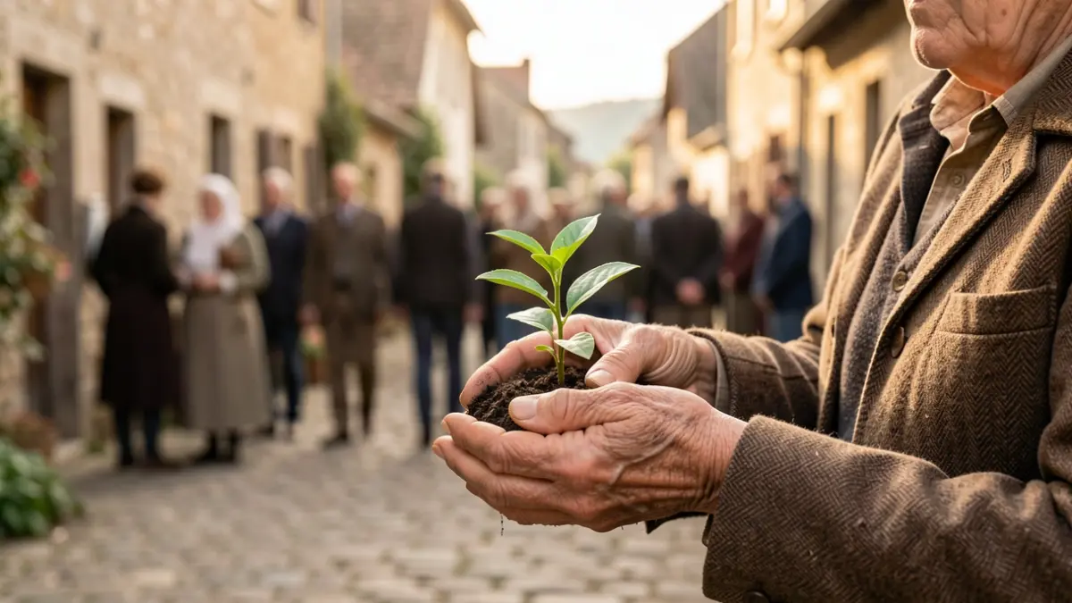 Imagen genérica de unas manos mayores cuidando una planta en un entorno rural.