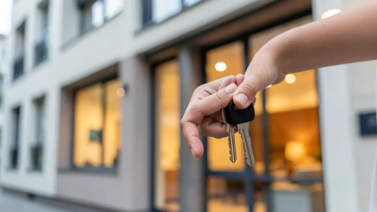 Generic image of a hand holding keys with a blurred residential building in the background.