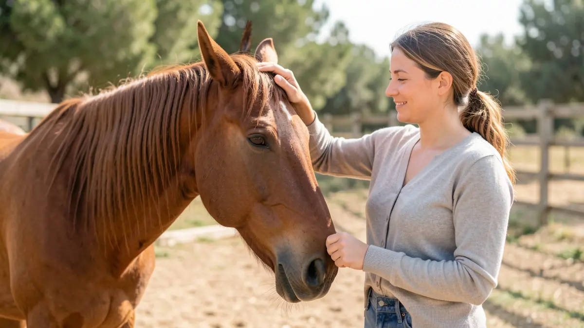Generic image of a woman interacting with a horse in an equestrian center.