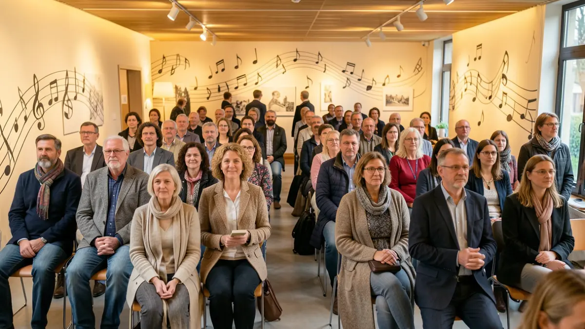 Generic image of a diverse group of adult students in a cultural center, with musical notes integrated into the background.