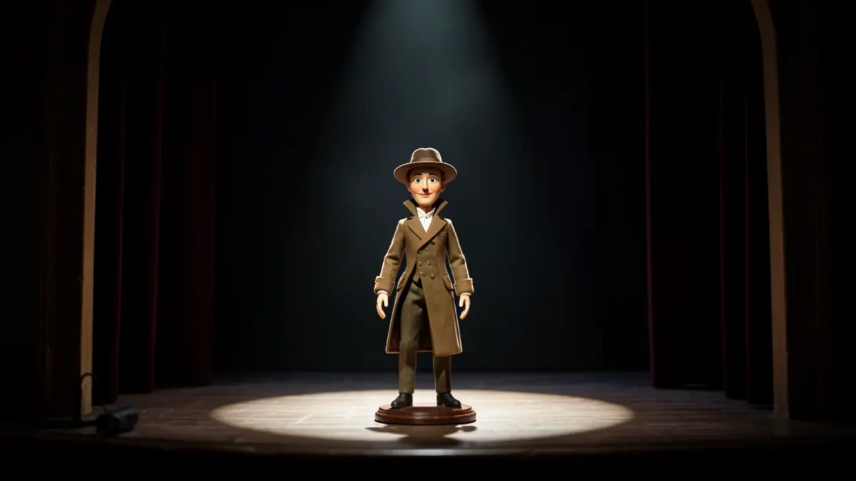 Escena de teatro de títeres con una figura representando la obra 'Saeta' bajo un foco de luz.