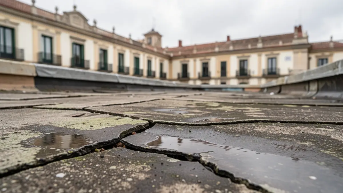Generic image of a damaged roof with cracks and water stains, with a blurred public building facade in the background.