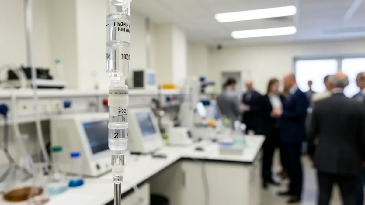 Generic image of laboratory medical equipment with infusion set and vials.