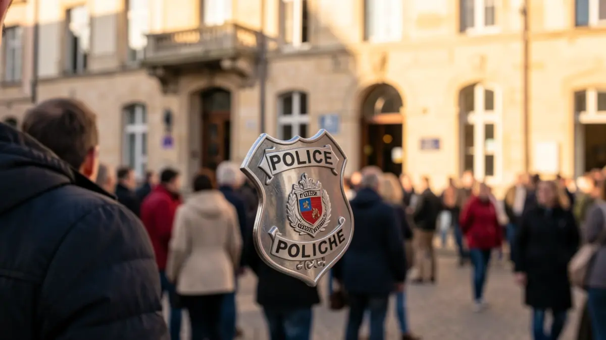 Generic image of a police badge with a blurred town hall facade in the background.