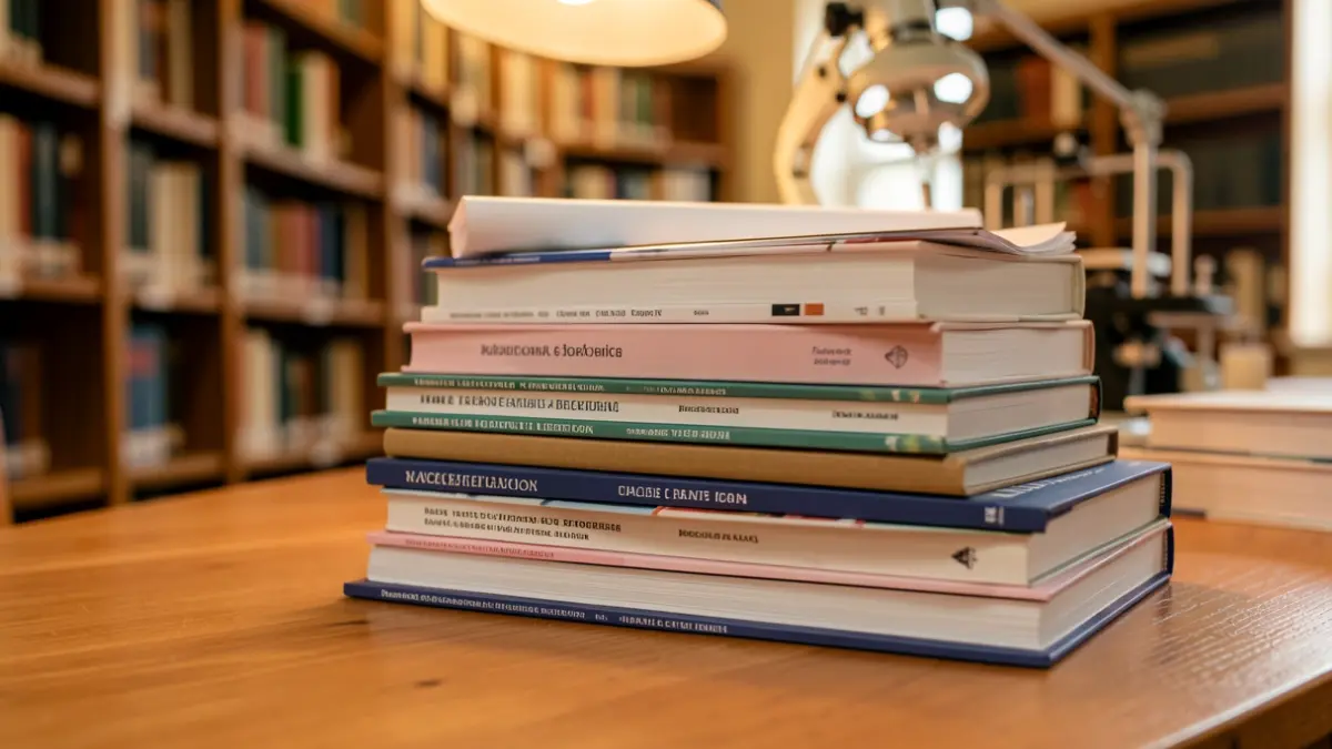 Generic image of a university desk with books and research papers.