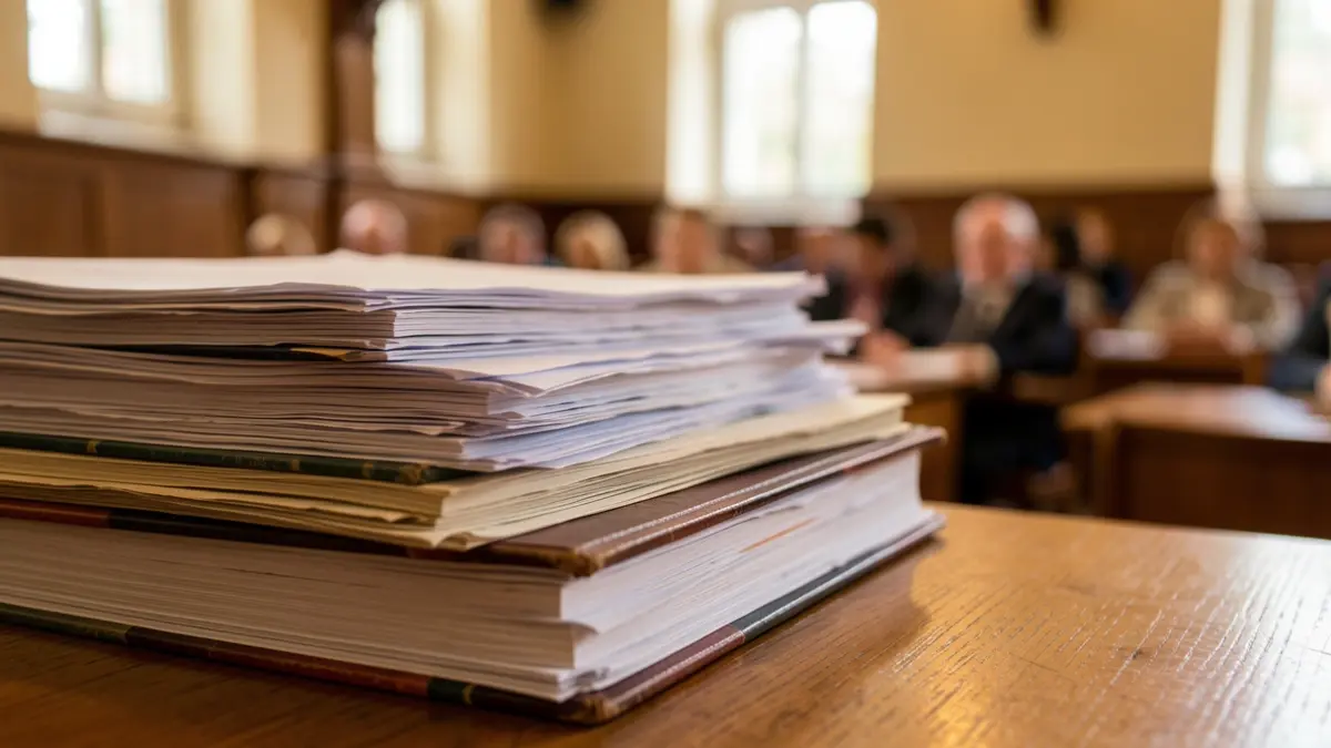 Generic image of academic books and papers on a wooden desk, with a blurred background of a university lecture hall.