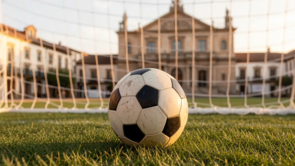 Imagen genérica de un balón de fútbol sobre césped con la red de portería desenfocada al fondo y la fachada de un ayuntamiento tradicional español en la distancia.