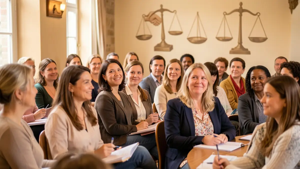 Generic image of a diverse group of women participating in a workshop or seminar, with subtle social and legal support symbols in the background.
