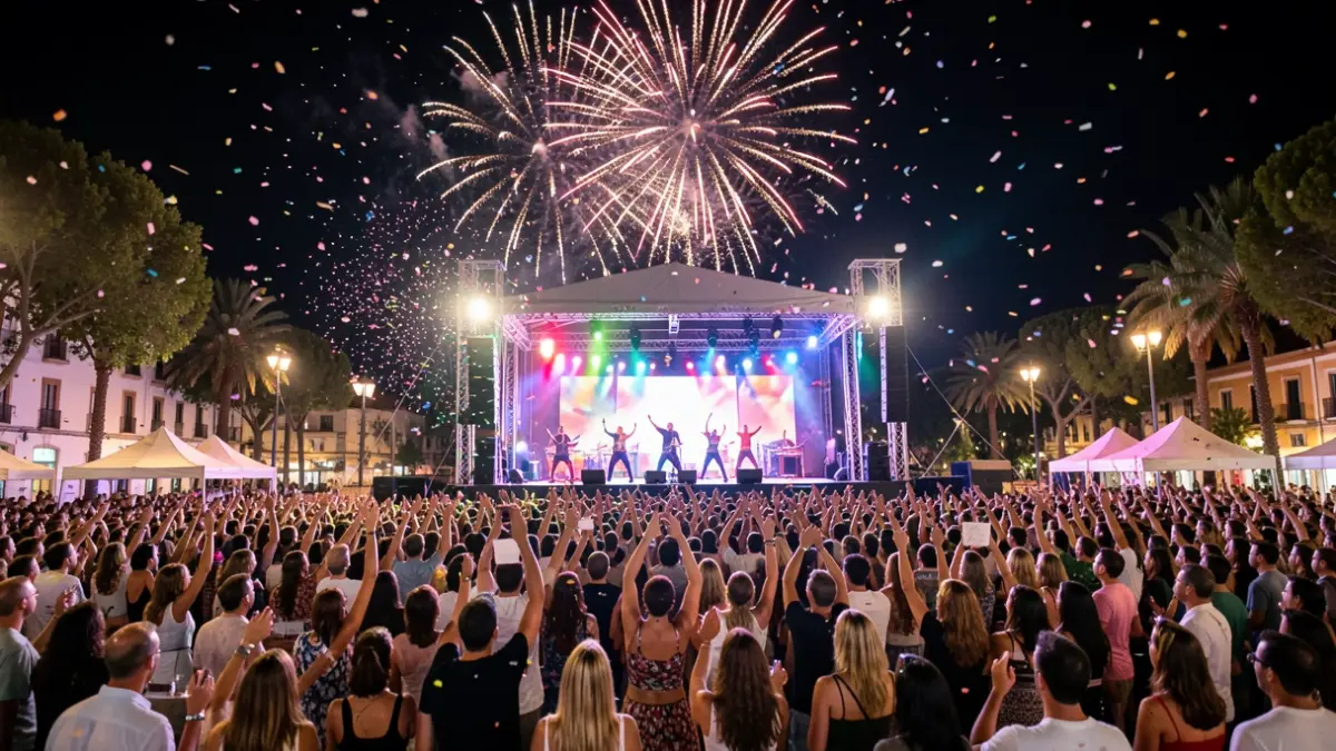 Generic image of a crowd enjoying a night concert with fireworks.