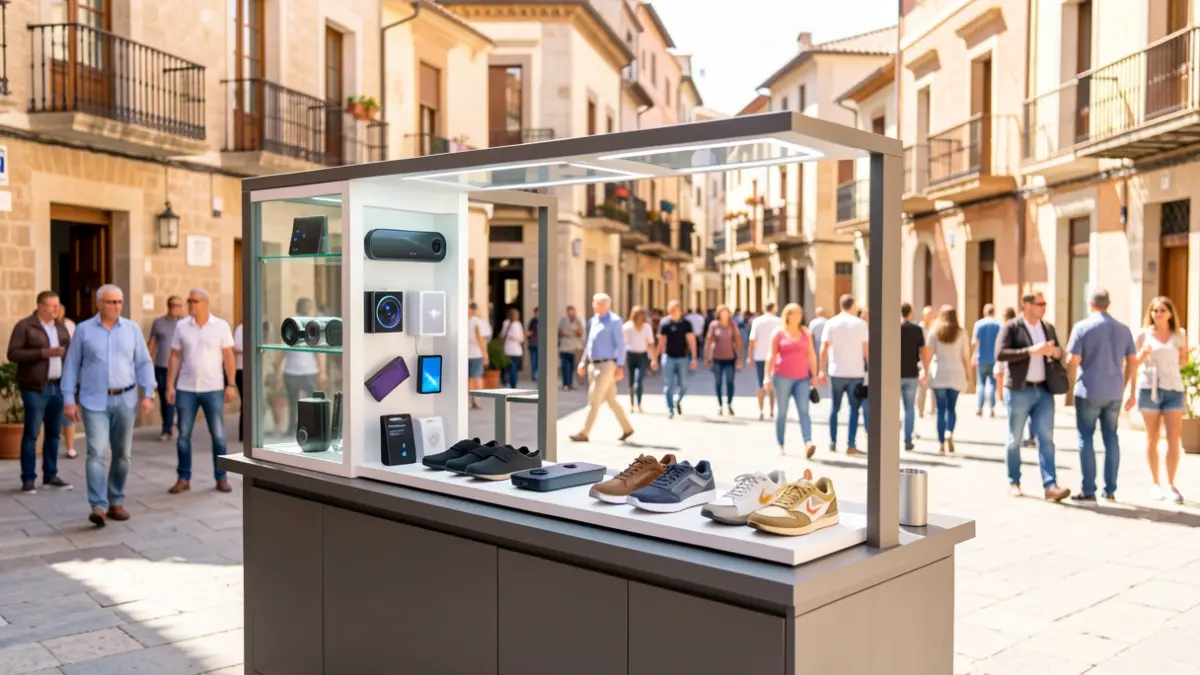Imagen genérica de un puesto de feria con productos innovadores y gente en el fondo.