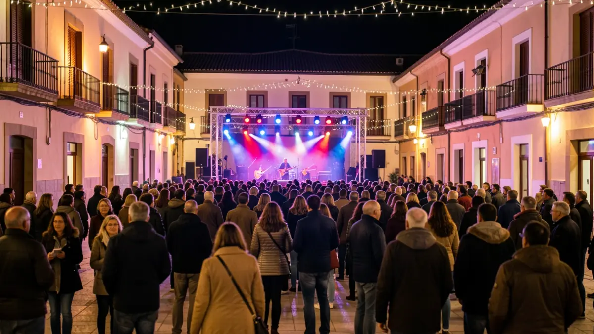 Imagen genérica de una plaza de pueblo iluminada por luces de fiesta y con gente disfrutando de la música.