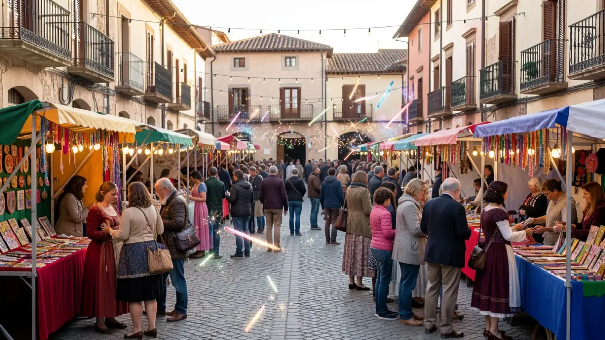 Generic image of a magical fair in a town square, with activity stalls and a family audience.