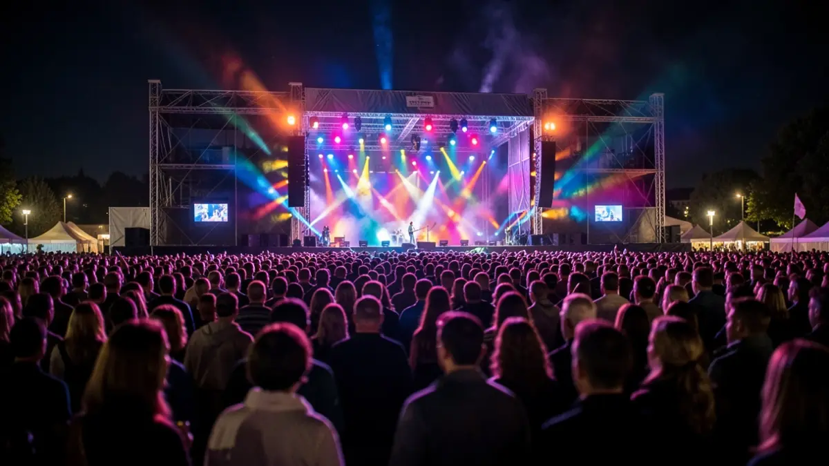 Generic image of a large outdoor festival stage at night, with a blurred crowd and colorful lights.