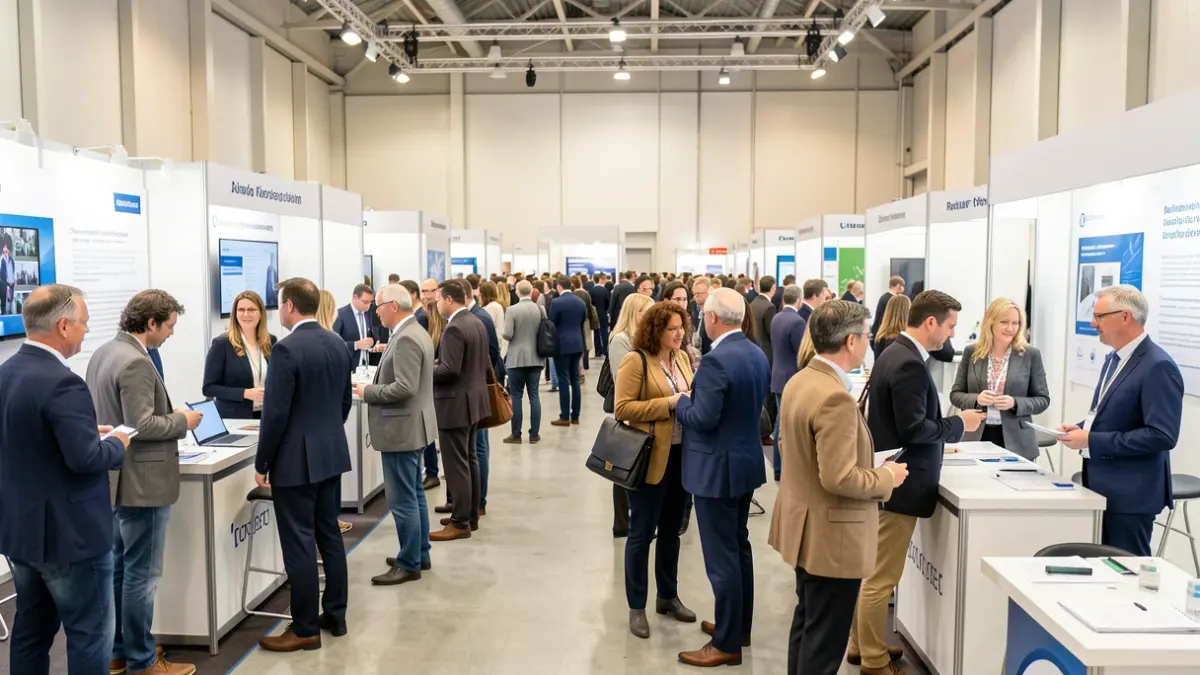 Generic image of a diverse group of people interacting at booths in a job fair.