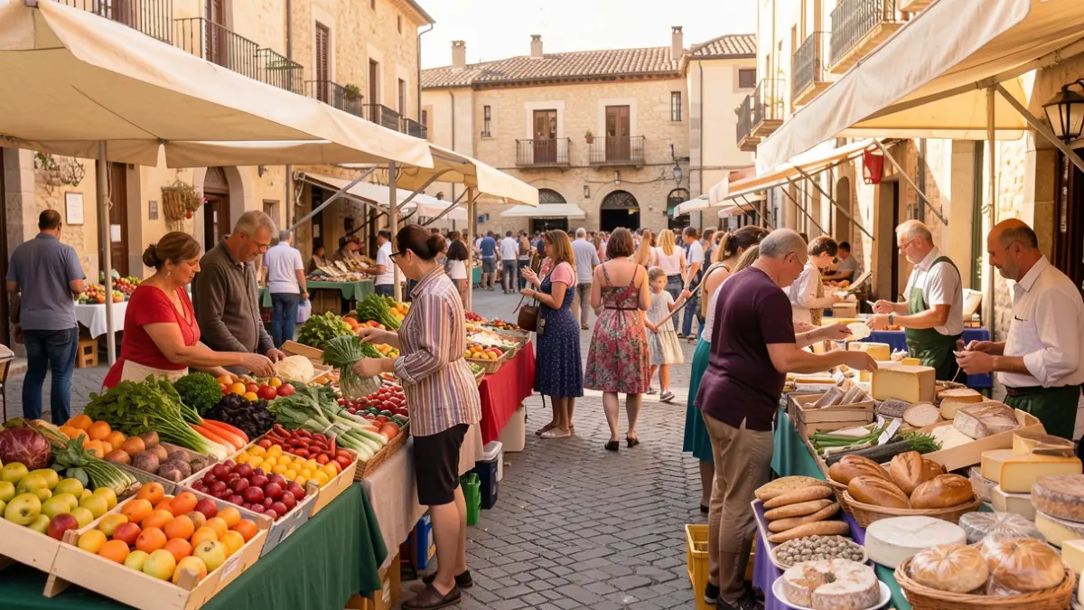 Generic image of an outdoor agro-food market with stalls of local products and people shopping.