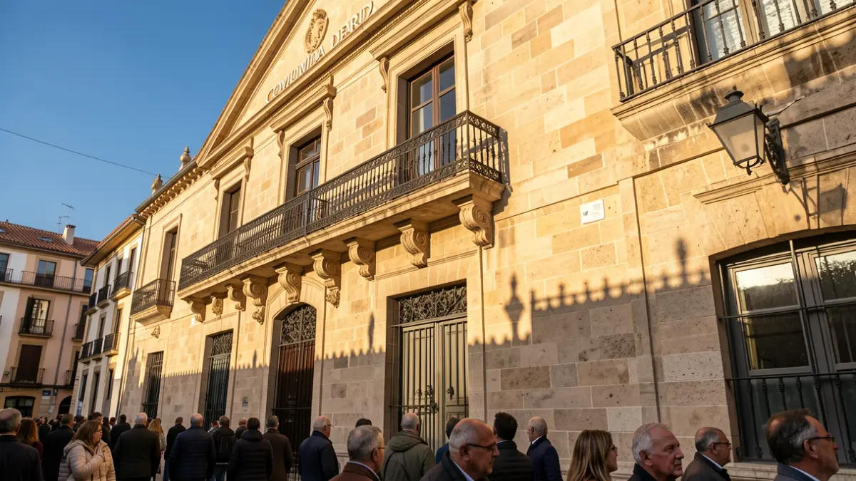 Imagen genérica del Ayuntamiento de Leganés con fachada de piedra y balcón.