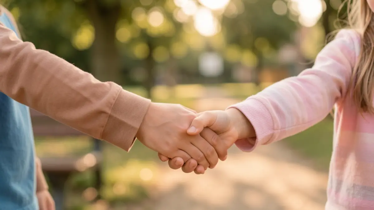 Generic image of a social worker's hands holding a child's hand in a supportive setting.