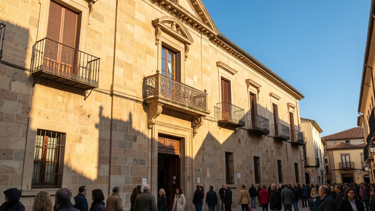 Generic image of the facade of a Spanish stone town hall with a balcony and iron railings, under afternoon sunlight.