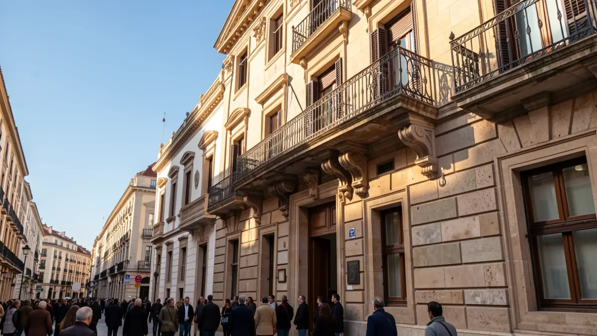 Generic image of a stone town hall facade in the Community of Madrid with an ornate iron balcony, warm afternoon light.