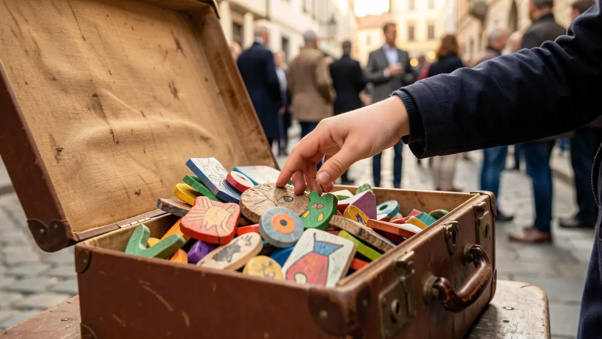 Image of an open suitcase filled with colorful shapes and textures, representing stories and animals.