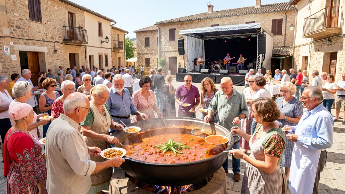 Image of a popular festival in Los Santos de la Humosa with free stew and music.