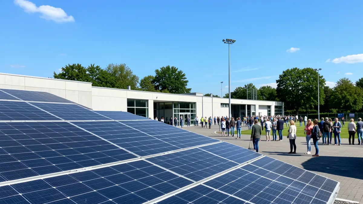 Paneles fotovoltaicos en el tejado de un polideportivo municipal.